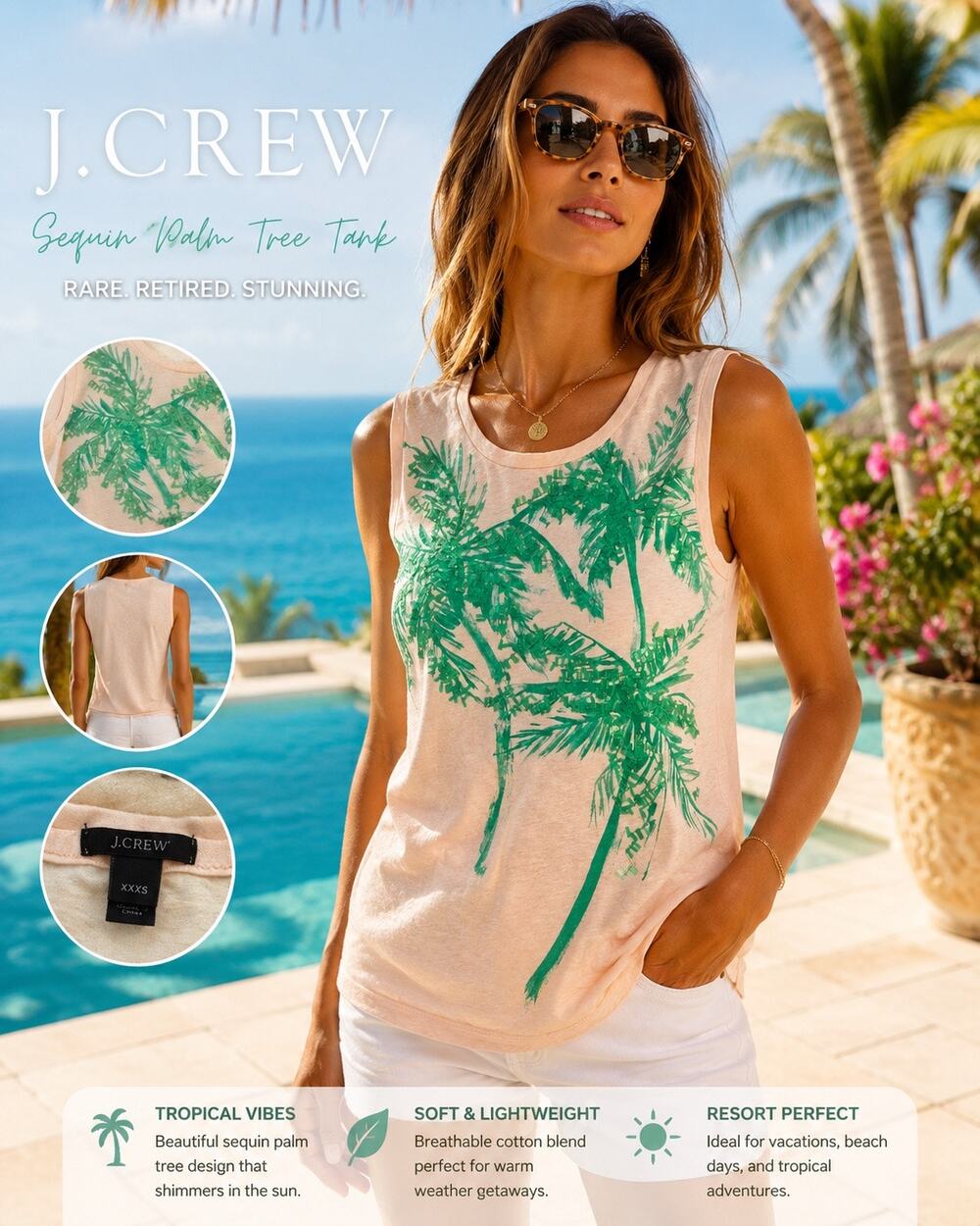 J.Crew Sequin Palm Tree Tank Top Pink Tropical Resort Coastal Vacation Beachy